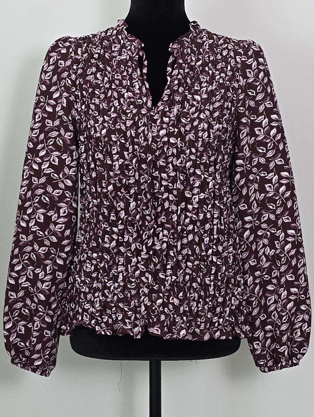 Market & Spruce Burgundy Leaf-Print Long-Sleeve Blouse